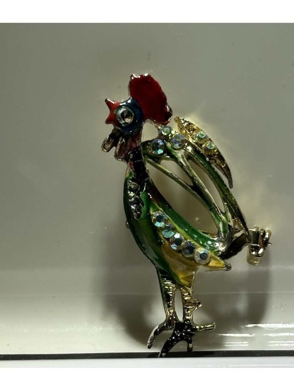 Enameled Bejeweled Rooster Brooch 1.5 Crowing Rooster Gold Tone